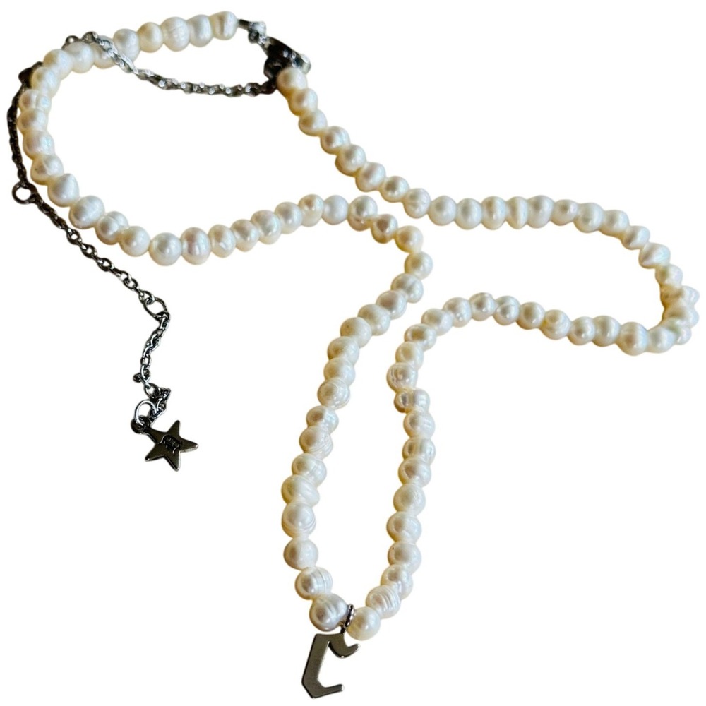 Dalmata Initial Goth Letter C‎ Pearl Necklace Freshwater Beaded Punk Rockabilly